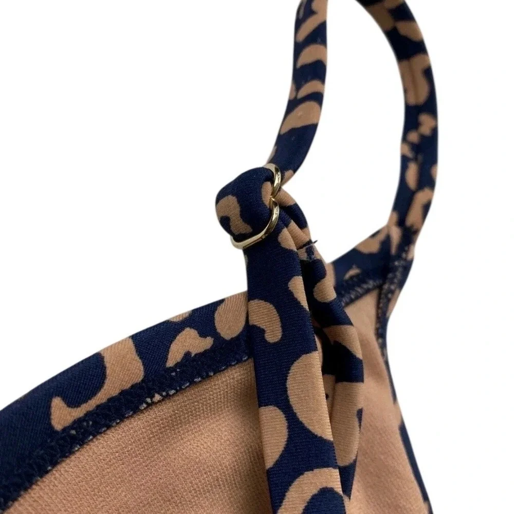 Kona Sol Navy Tan Leopard Print Tankini Swim Top V-Neck Adjustable Straps Small‎